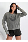 Taş Detaylı Yıkamalı Pamuklu Örme Sweatshirt ANTRASİT