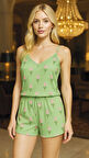 Yeşil Çiçek Desenli Askılı Şortlu Pijama Takımı