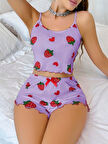 Pamuklu Lila Üstüne Çilek Desen Fitilli Askılı Şortlu Pijama Takımı