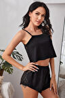 Kadın Siyah Arkası Komple Dantel Şortlu Gecelik Takım