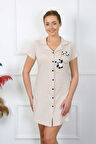 Giyim Kadın Pamuk Penye Kısa Kol Düğmeli Krem Tunik Gecelik