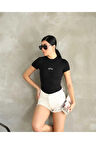 Al@ Kabartmalı Basic Siyah Kadın T-shirt Body