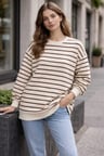 Oversize Geniş Kalıp Kadın Sweatshirt Bisiklet Yaka Basic Çizgili