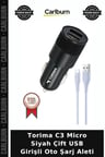 Özel Seri Torima C3 Micro Siyah Çift USB Girişli Oto Şarj Aleti Gereç Seyahat Bağlantı