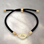 Etkileyici 14 Ayar Altın Plakalı ve Siyah Örgülü Yuvarlak Motifli Tuba Bilekliği