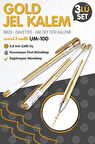 Uni-Ball Um-100 Signo Fine Roller Kalem  GOLD 3 Adet 0.8 mm Davetiye Kalemi /Gold Yazan Davetiye Anı Defteri Kalemi / İmza Kalemi / Jel Kalem -T339