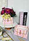 Zincirli Çiçek Taşıma Çantası - Karton Çiçek Buket Çikolata Gül Hediye Kutusu Çanta Pembe 2 adet -T892