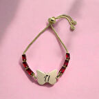 Kelebek Figürlü 14 Ayar Altın Plakalı Zarif Kırmızı Taşlı U Harfli Bileklik