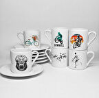 BİSİKLET TEMALI BASKILI PORSELEN 6LI TÜRK KAHVESİ FİNCAN TAKIMI