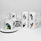 KUŞLAR TEMALI BASKILI PORSELEN 6LI TÜRK KAHVESİ FİNCAN TAKIMI