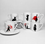 SAMURAY TEMALI BASKILI PORSELEN 6LI TÜRK KAHVESİ FİNCAN TAKIMI