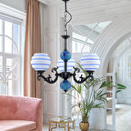 DEDE ÜÇ KOLLU ZAMAK AVİZE SİYAH MAVİ ÇİZGİLİ BEYAZ CAMLI MAVİ ÇİNİLİ