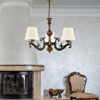 ÜÇ KOLLU AHŞAPLI ESKİTME ELBE DÖKÜM ZAMAK AVİZE KREM RENGİ ŞAPKALI