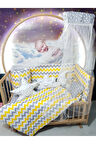 60x120 Bebek Uyku Seti - Cibinlik Ve Aparat - Gri Sarı Zigzag Yıldız Desen