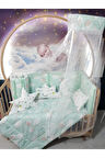 70x130 Bebek Uyku Seti - Cibinlik Ve Aparat - Yeşil Bulut Yıldız Desen