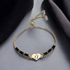 Eşsiz Tasarım Siyah Taşlı Kalp Figürlü 14 Ayar Altın Plakalı Ü Harfli Bileklik