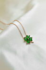 925 Ayar Gümüş Rose Kaplama Yeşil Taşlı Yonca Kadın Kolye