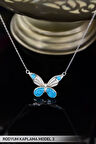 925 Ayar Gümüş Rodyum Kaplama Mavi Mineli Sedef Kelebek Kolye Model 3