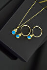 925 Ayar Gümüş Gold Kaplama Mavi Opal Yuvarlak Kolye Ve Çift Halka Küpe