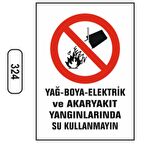 Yağ-Boya-Elektrik-Akaryakıt Yangınlarında Su Kullanmayın Uyarı Levhası