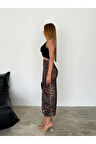 Kadın Leopar Smart Krep Yırtmaç Detaylı Maxi Yüksek Bel Esnek Etek