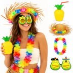 4 Parça Hawaii Parti Seti Ananas Bardak Hasır Şapka Avokado Gözlük Çiçek Kolye