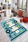 Turkuaz Kaymaz Tabanlı Yollu Seksekli Çocuk Halısı AR156