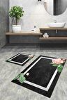 Füme Çiçek Desenli Banyo Halısı Klozet Paspas Seti BS008