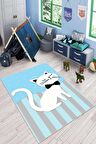 Mavi Kaymaz Tabanlı Yıkanabilir Kedili Çocuk Halısı KD006