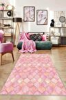 Pembe Fas Desen Kaymaz Taban Makinede Yıkanabilir Halı RV159