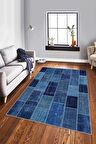 Mavi Patchwork Kaymaz Taban Makinede Yıkanabilir Halı RV228