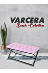 Varcera Pembe Puf - Siyah Çapraz Metal Ayaklı, Kapitoneli Chester Model Bench Puf