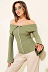 Omzu Açık Fermuarlı Bluz haki T4330