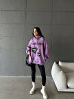 3 iplik şardonlu oversize compact true baskılı sweat mor