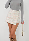 İki düğmeli kaz ayağı desen ch kumaş şort etek beyazturuncu h26414