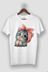 Unisex Lila Sevimli Minik Kedi Baskılı Oversize T-shirt