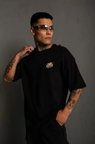 Unisex Bisiklet Yaka Baskılı Oversize T-Shirt - Siyah