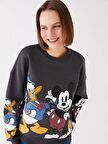 Bisiklet Yaka Mickey ve Arkadaşları Baskılı Uzun Kollu Oversize Kadın Sweatshirt Tunik