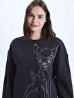 Bisiklet Yaka Bambi Baskılı Uzun Kollu Oversize Kadın Sweatshirt