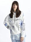 Kapüşonlu Baskılı Oversize Kadın Sweatshirt Tunik