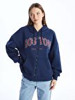 Kapüşonlu Baskılı Uzun Kollu Oversize Kadın Fermuarlı Sweatshirt
