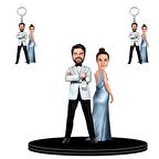 Kişiye Özel Gelin Damat 3D Ahşap Biblo + 2 Adet Anahtarlık Hediyeli Sevgiliye Hediye