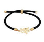 Işıltılı Kuş Figürlü, 14 Ayar Altın Plakalı ve Siyah Örgü Desenli X Bilekliği