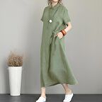 Barbora Keten Günlük Kısa Kol Tam Boy Yazlık Salaş Kadın Elbise LN245haki4