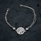 Gümüş Renk Yuvarlak Hayat Ağacı Figürlü  Çift Zincirli  Bileklik  889