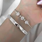 Gümüş  Renk Kombin Bileklik Seti Cartier Taşlı Bileklik Ve Zirkon Macun Bileklik - 1036