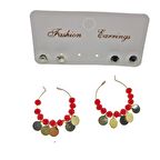 Altın Renk Kırmızı Boncuk Yuvarlak Pullu Şık Sallantılı El İşi Kombin Küpe - 2220