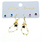 Altın Renk Yıldız Yuvarlak Kombin Beyaz Boncuk Küpe - 2840