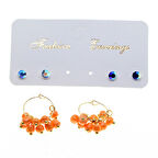 Altın Renk Yuvarlak Düz Kombin Turuncu Boncuk Küpe - 2859