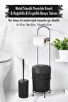 Metal Standlı Yuvarlak Kovalı & Kağıtlıklı & Fırçalıklı Siyah Banyo Takımı